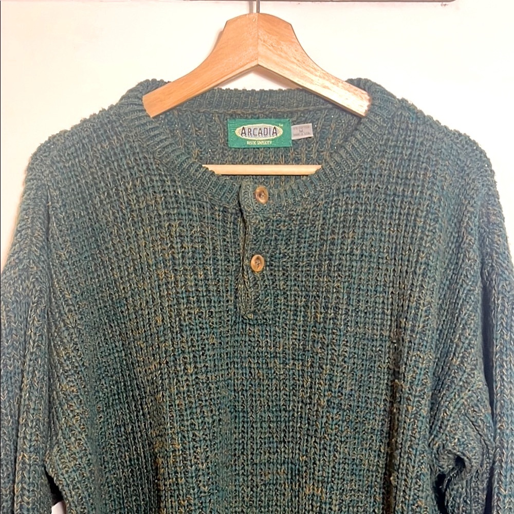 Vintage Arcadia Men’s Cable Knit Crewneck Sweater, 1/4 Buttons, Size Medium